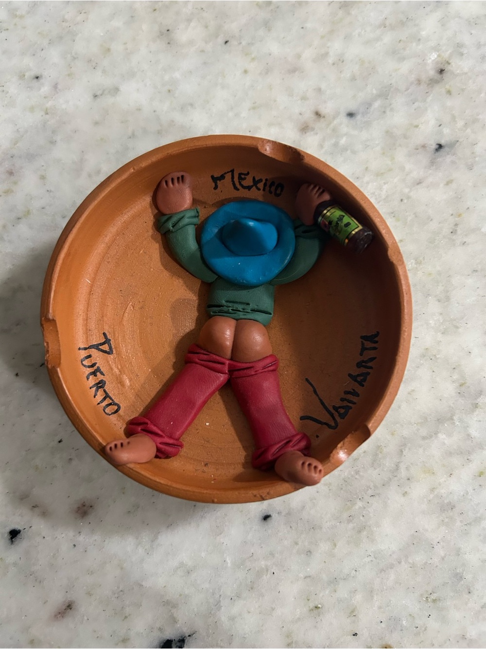 Vintage Handcrafted Mexican Clay Ashtray with Colorful Figurine